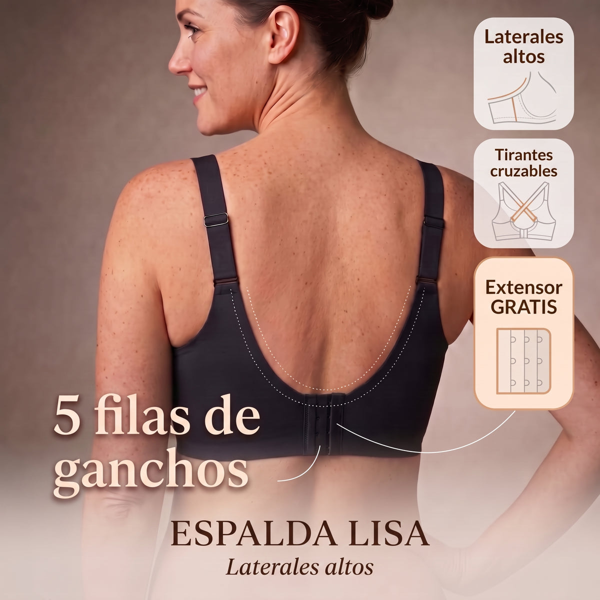 Espalda lisa con 5 filas de ganchos y laterales altos